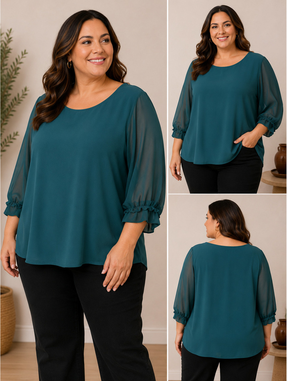 Plus Size Teal Blue Sheer Sleeve Blouse with Ruffle Cuffs - Picture 1 of 4